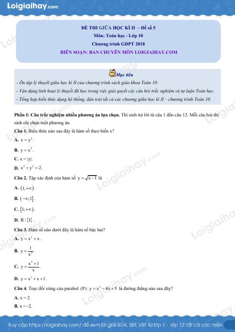 Đề thi giữa kì 2 Toán 10 - Đề số 5